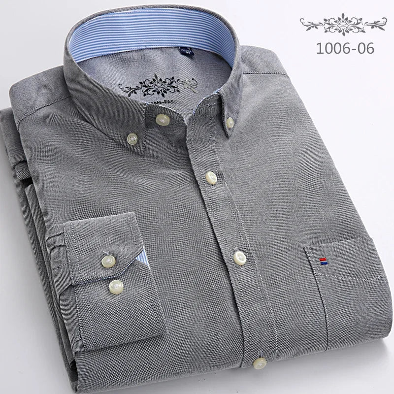 Clássico ajuste algodão completo camisas casuais para homem cor sólida manga longa camisa simples bolso único topo macio fino ajuste roupas formais