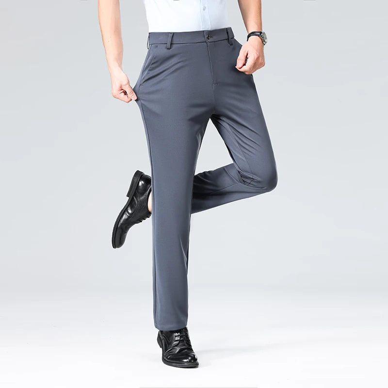 29-42 calças masculinas de verão finas moda negócios casual terno calças compridas elásticas manga reta calças formais plus size 28-40