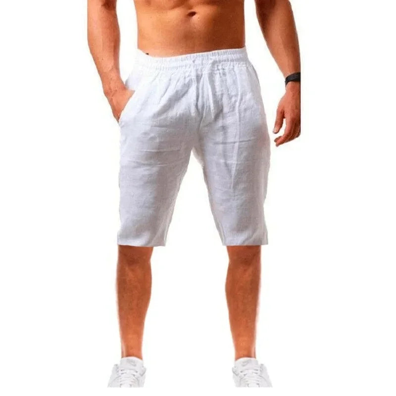 Calças curtas de linho de algodão masculino leve havaiano verão shorts masculino respirável cor sólida casual calças curtas