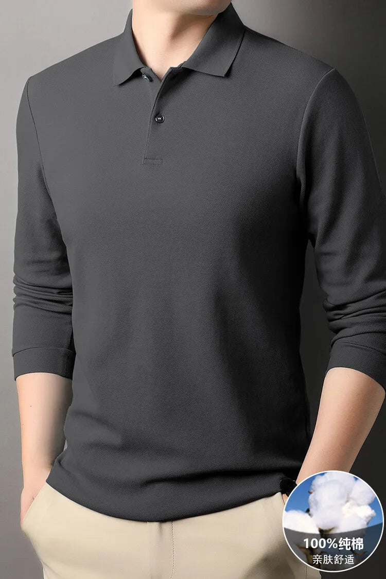 Camisa polo masculina durável 100% algodão, manga comprida de lazer de outono, camiseta com lapelas respiráveis, 16 cores, perfeita para golfe e esportes