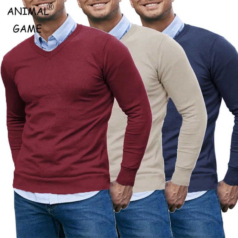 Camisola masculina com decote em v pulôver de malha casual macio leve manga longa vestido camisola outono respirável fino ajuste suéteres