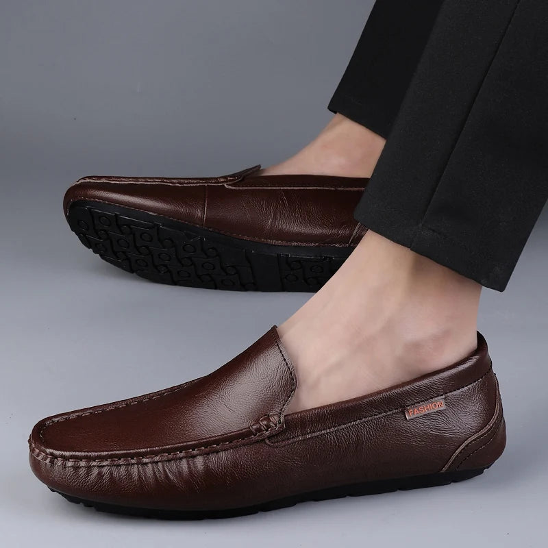 Homens de couro genuíno sapatos casuais marca luxo mocassins respirável deslizamento em sapatos de condução italiana chaussure homme