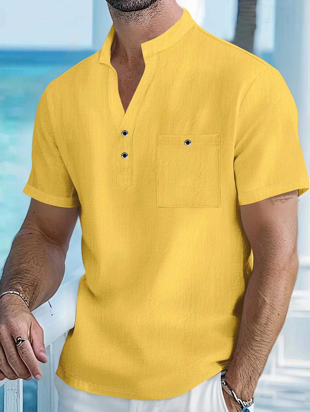Camisa masculina de manga curta de linho de algodão com gola alta e carcela de meio botão – roupa casual de lazer ao ar livre para primavera e verão