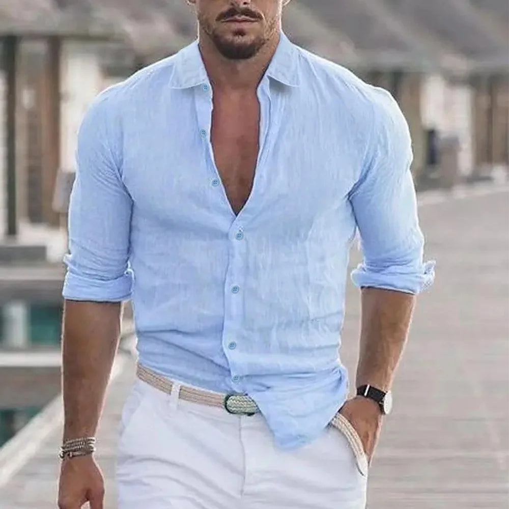 Camisa de praia de linho de algodão masculina, moda de linho, gola polo casual, sólida camisas havaianas, novo, 2024