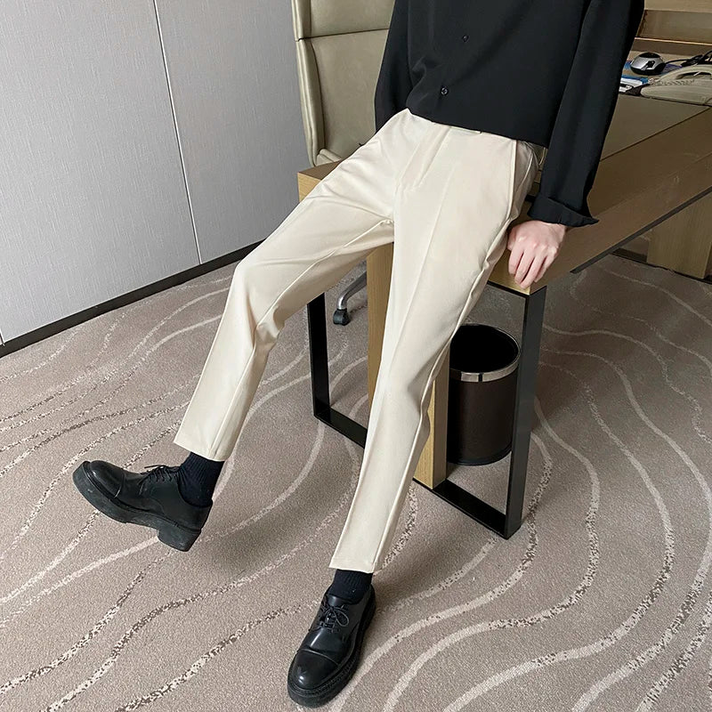 Calças Casuais Brancas Finas para Homens Verão 2025 Novas Calças de Negócios em Nove Peças com Botões Laterais Estilo Slim co...