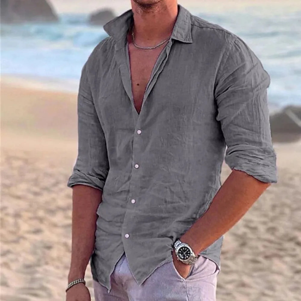 Camisa de praia de linho de algodão masculina, moda de linho, gola polo casual, sólida camisas havaianas, novo, 2024