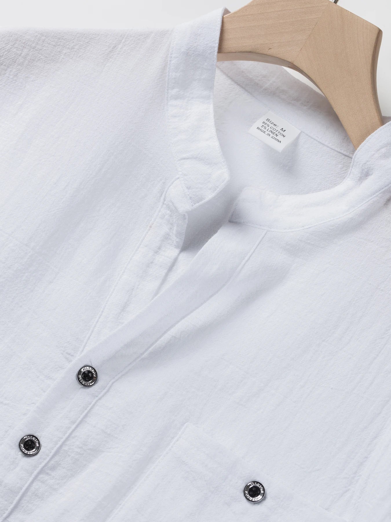 Camisa masculina de manga curta de linho de algodão com gola alta e carcela de meio botão – roupa casual de lazer ao ar livre para primavera e verão