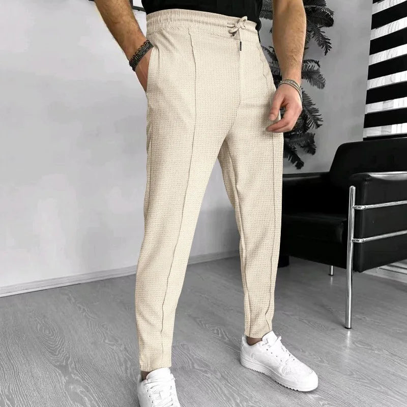 Calça waffle masculina elegante – Calça esportiva casual slim fit com cordão ajustável e bolsos seguros para todas as estações – perfeita ao ar livre