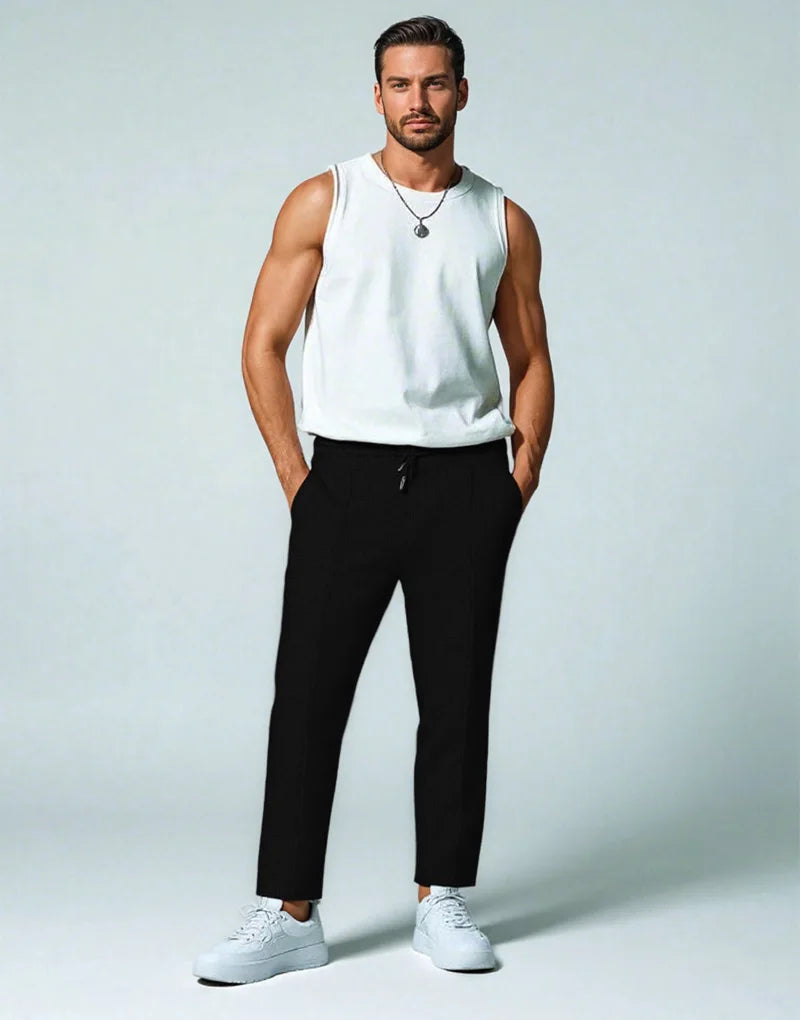 Calça waffle masculina elegante – Calça esportiva casual slim fit com cordão ajustável e bolsos seguros para todas as estações – perfeita ao ar livre