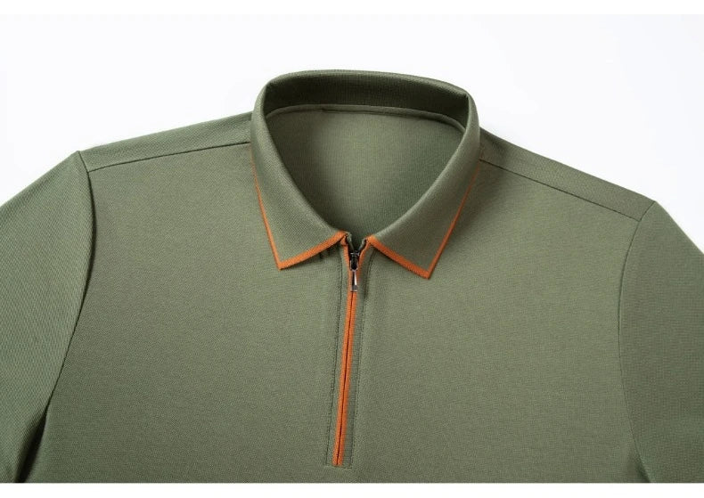 Camisa polo masculina de seda com zíper, manga curta, camiseta amoreira, zíper de metal, gola luxuosa, casual, verão, algodão e linho