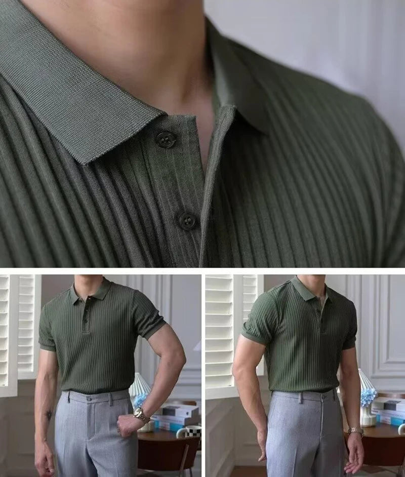 Camisa polo masculina de malha listrada vertical verão novo fino cor sólida respirável gola virada para baixo negócios manga curta polo topos