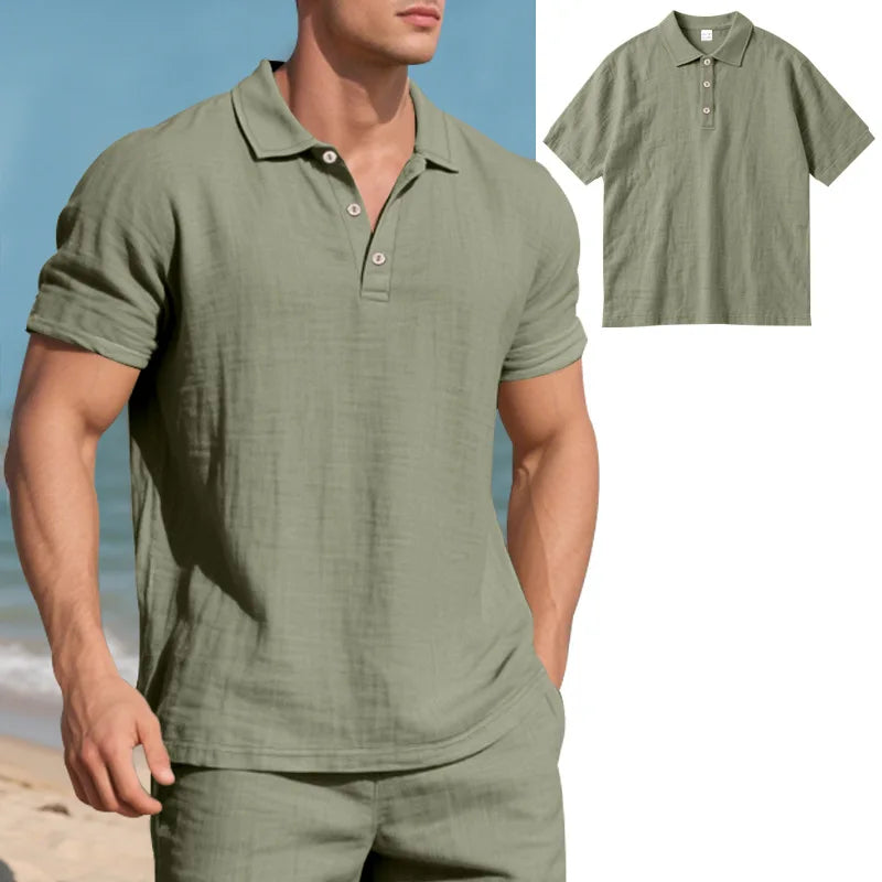 2025 verão nova camisa masculina estilo britânico solto na moda respirável linho casual gola polo série camisa polo manga curta