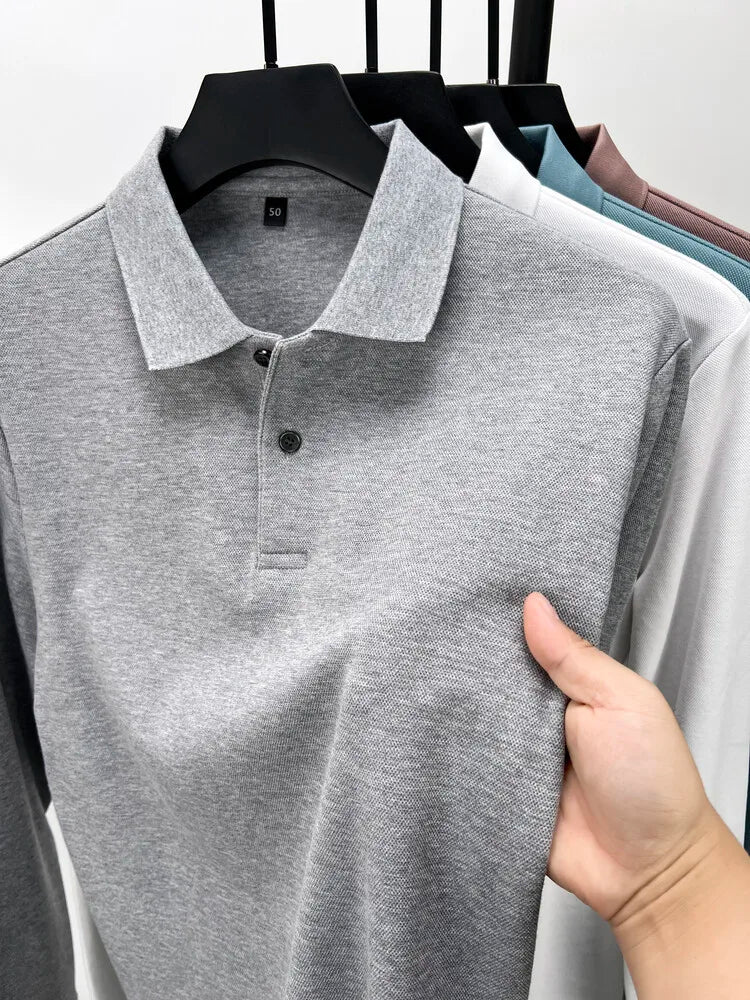 Camisa polo masculina durável 100% algodão, manga comprida de lazer de outono, camiseta com lapelas respiráveis, 16 cores, perfeita para golfe e esportes