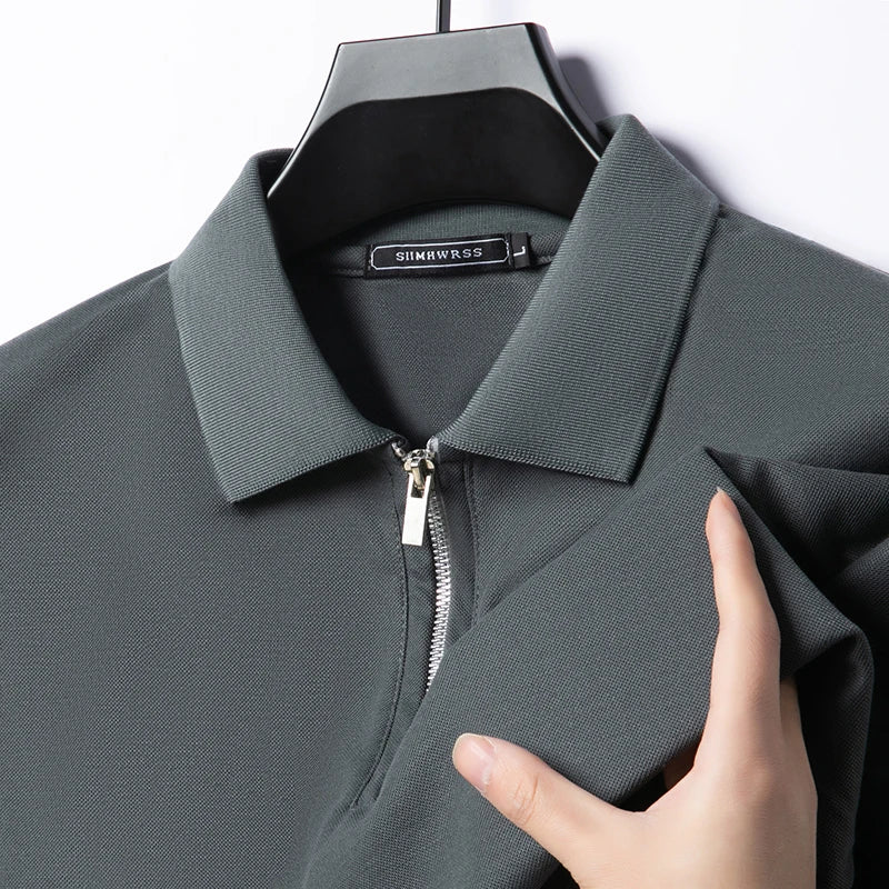 Verão novo masculino casual fino ajuste camisa polo gola flip respirável meio zíper manga curta topo cor sólida confortável camiseta
