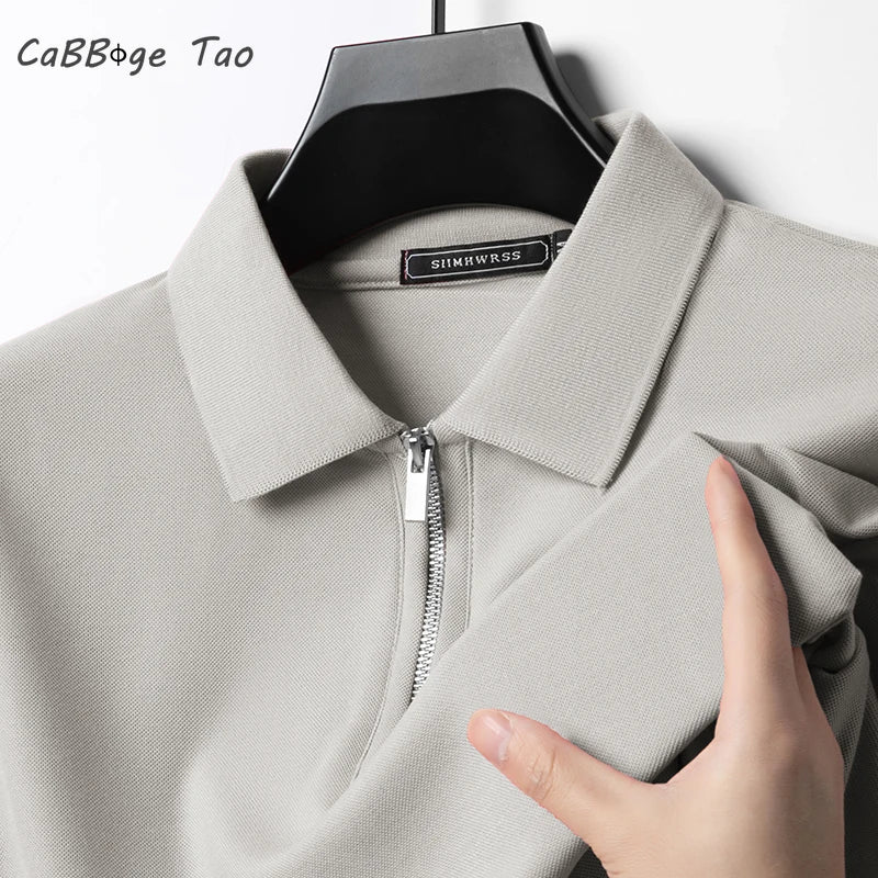 Verão novo masculino casual fino ajuste camisa polo gola flip respirável meio zíper manga curta topo cor sólida confortável camiseta