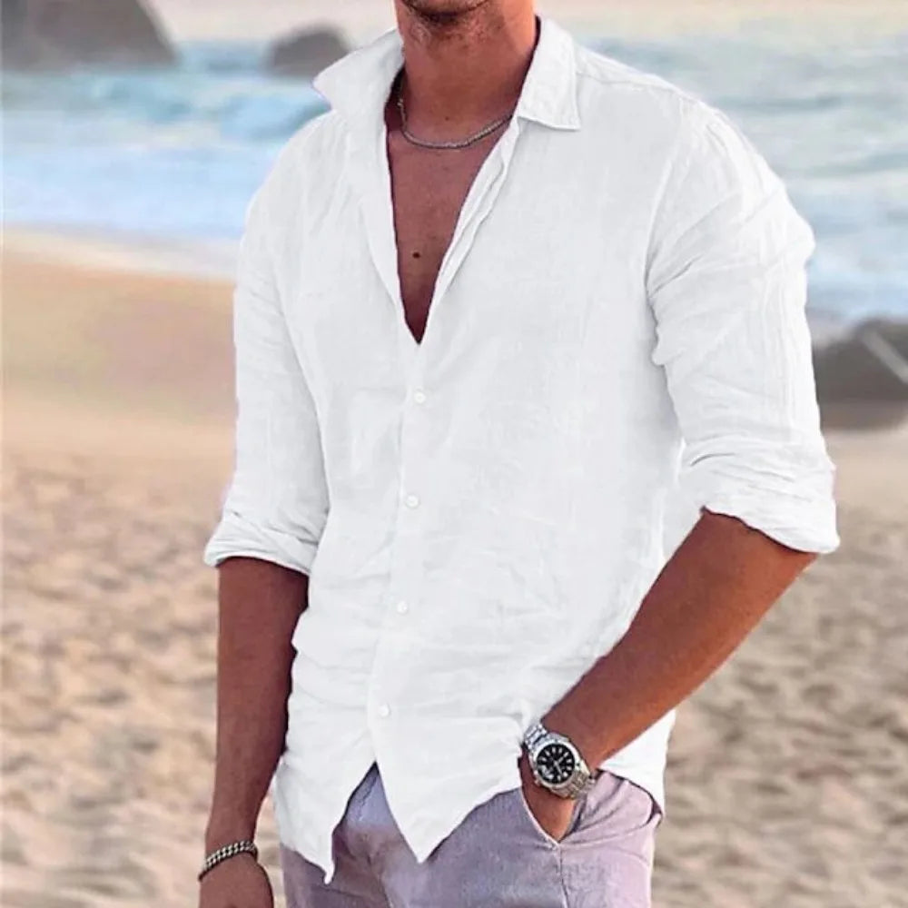 Camisa de praia de linho de algodão masculina, moda de linho, gola polo casual, sólida camisas havaianas, novo, 2024