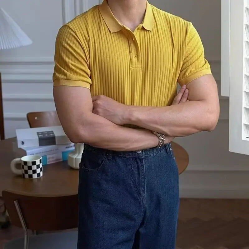 Camisa polo masculina de malha listrada vertical verão novo fino cor sólida respirável gola virada para baixo negócios manga curta polo topos