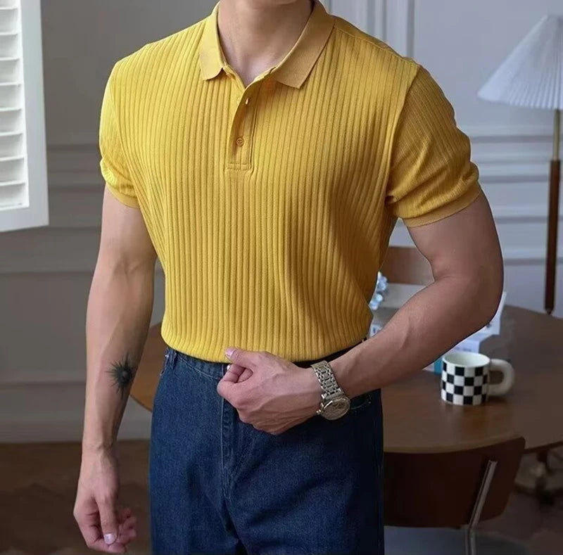 Camisa polo masculina de malha listrada vertical verão novo fino cor sólida respirável gola virada para baixo negócios manga curta polo topos