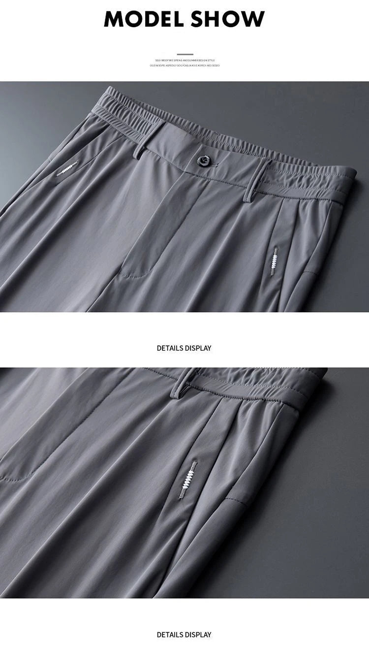 Calças casuais masculinas elásticas ultrafinas verão de secagem rápida seda gelo magro em linha reta negócios cor sólida preto cinza