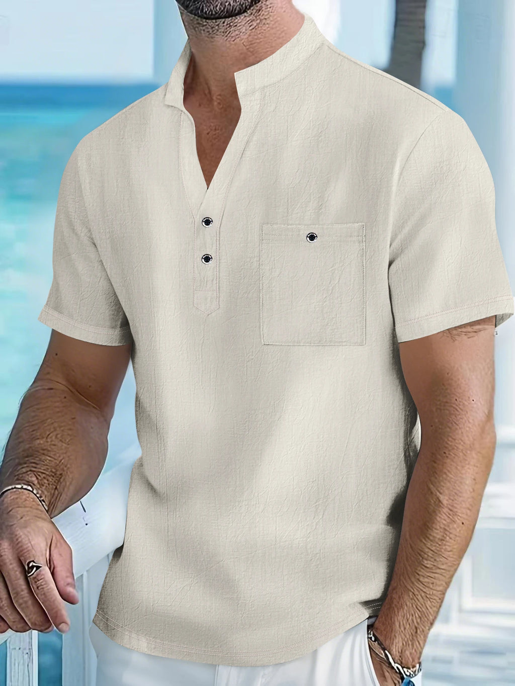 Camisa masculina de manga curta de linho de algodão com gola alta e carcela de meio botão – roupa casual de lazer ao ar livre para primavera e verão