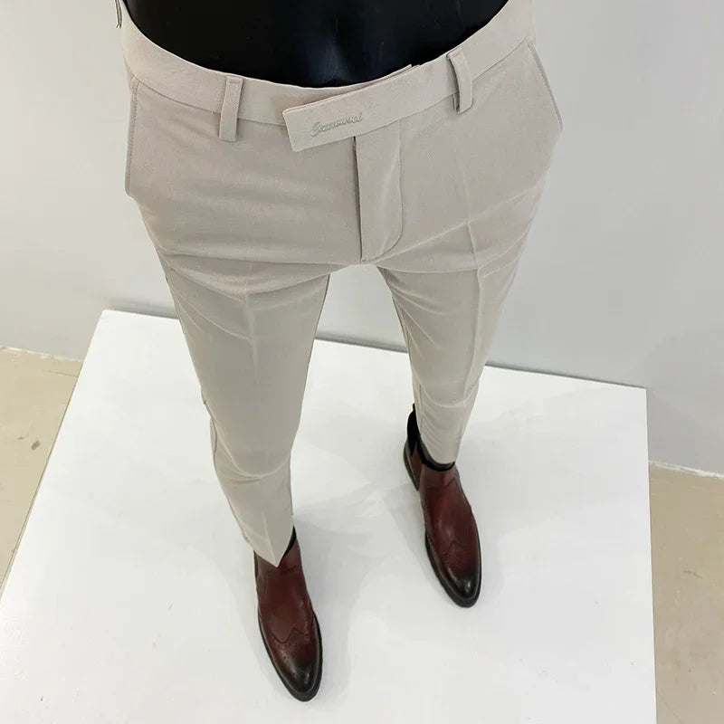 Homens terno calças calças formais pantalone hombre estiramento fino cor sólida vestido casual calças de comprimento total moda novas roupas masculinas