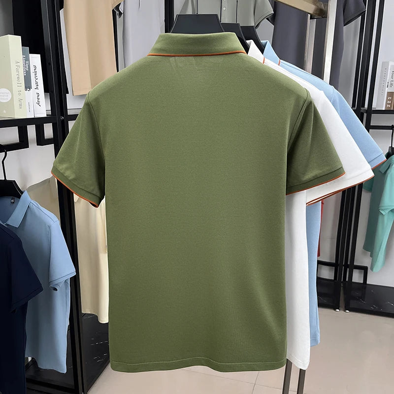 Camisa polo masculina de seda com zíper, manga curta, camiseta amoreira, zíper de metal, gola luxuosa, casual, verão, algodão e linho