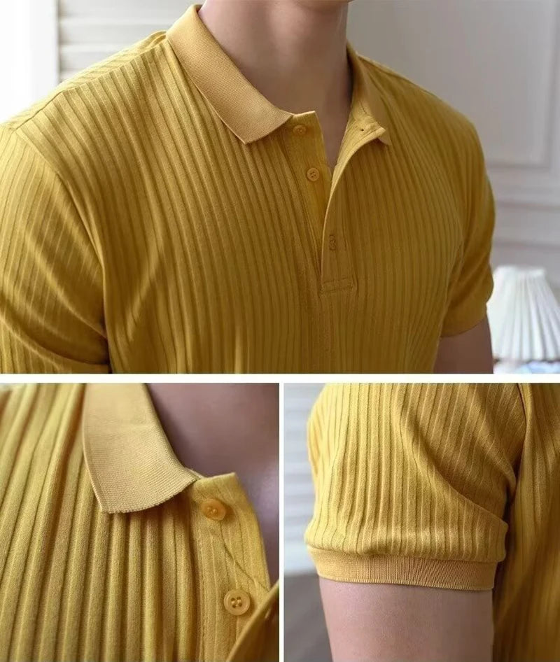 Camisa polo masculina de malha listrada vertical verão novo fino cor sólida respirável gola virada para baixo negócios manga curta polo topos