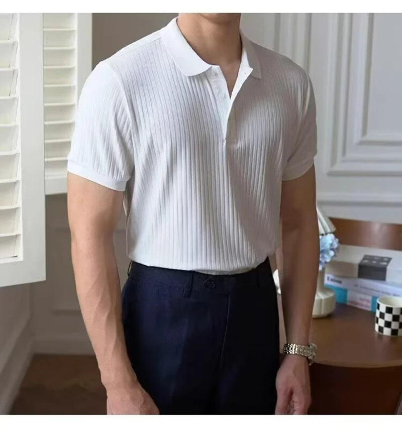 Camisa polo masculina de malha listrada vertical verão novo fino cor sólida respirável gola virada para baixo negócios manga curta polo topos