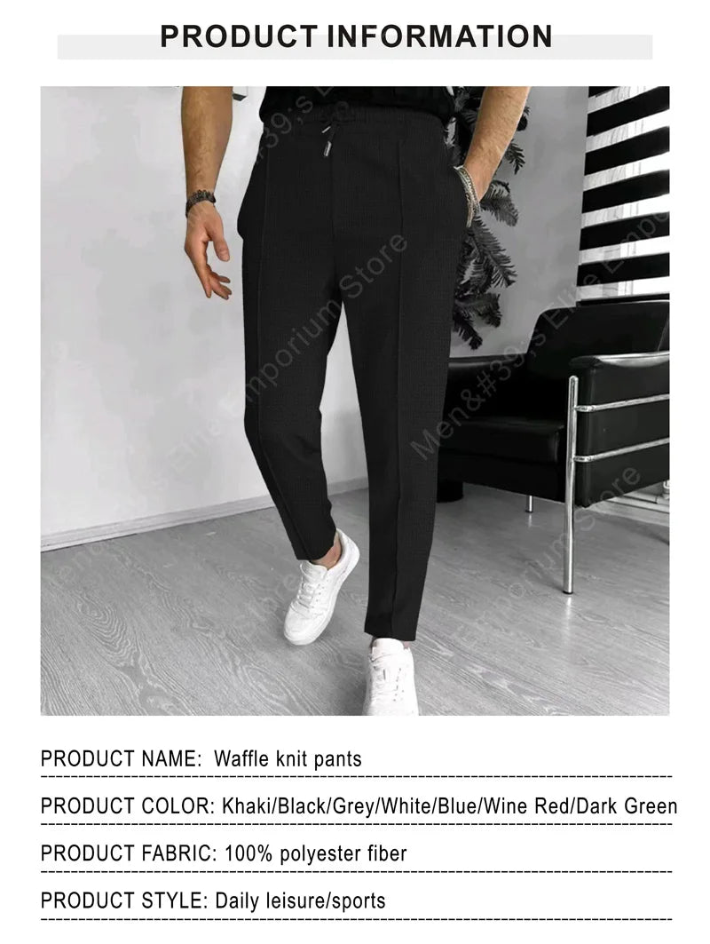 Calça waffle masculina elegante – Calça esportiva casual slim fit com cordão ajustável e bolsos seguros para todas as estações – perfeita ao ar livre