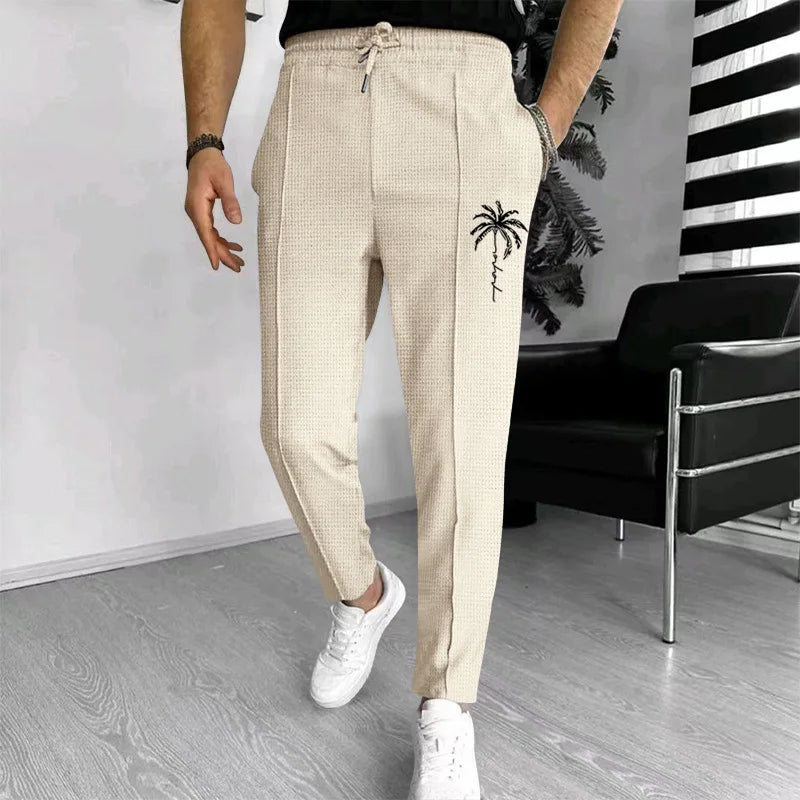 Calça waffle masculina elegante – Calça esportiva casual slim fit com cordão ajustável e bolsos seguros para todas as estações – perfeita ao ar livre