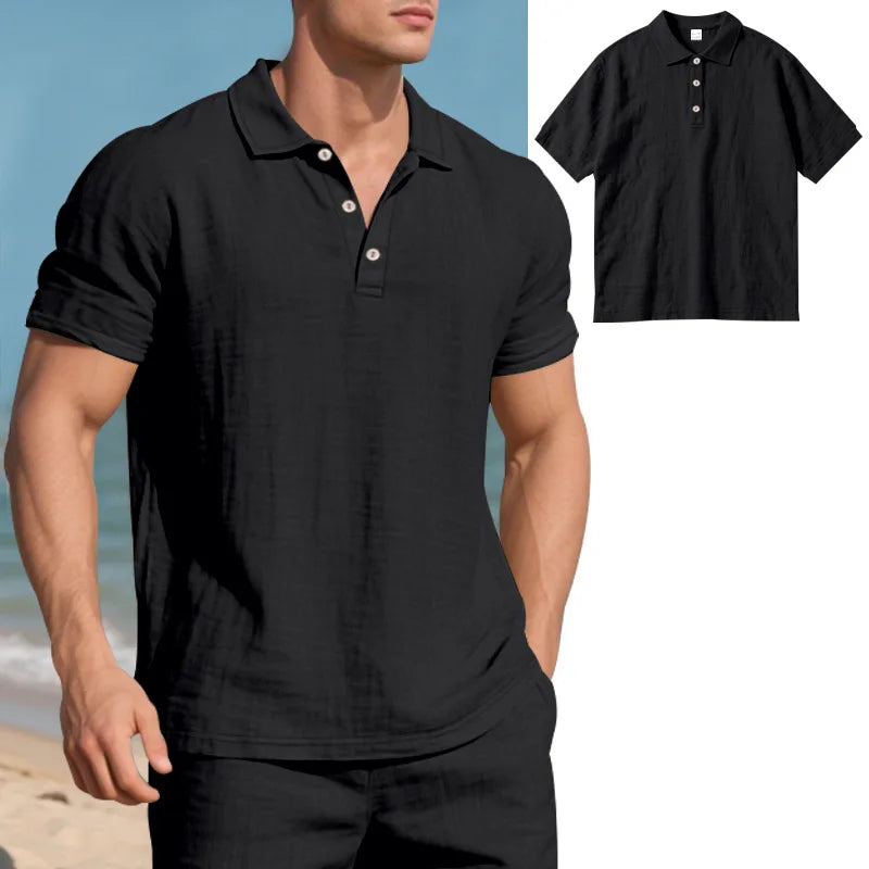 2025 verão nova camisa masculina estilo britânico solto na moda respirável linho casual gola polo série camisa polo manga curta
