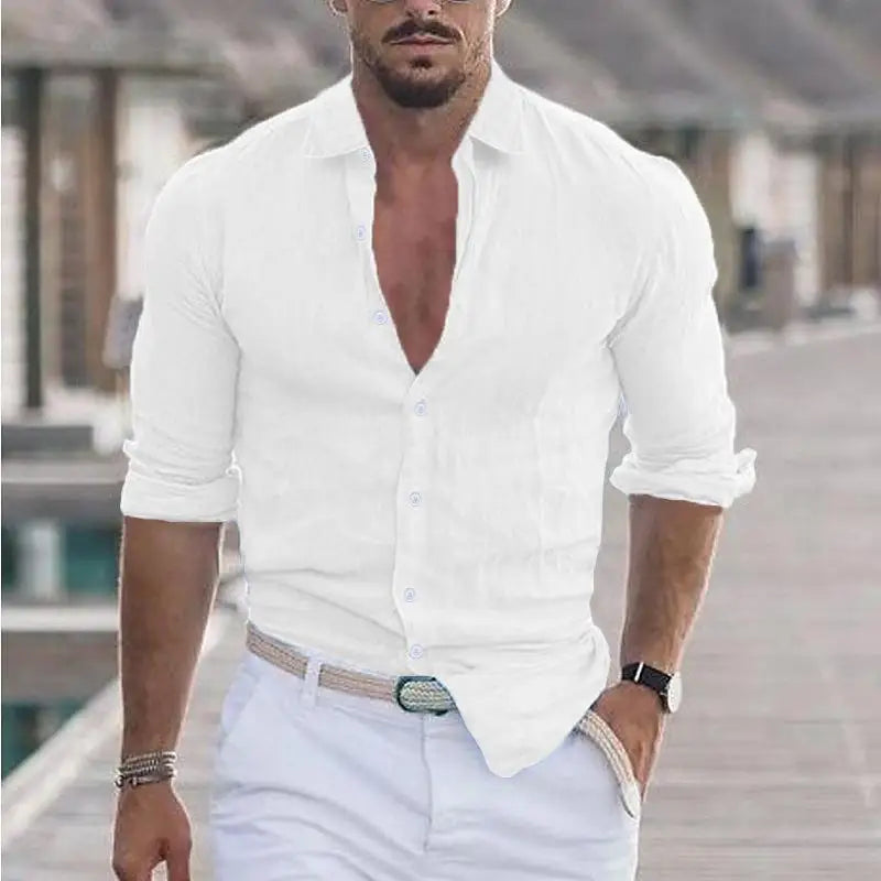 Camisa de praia de linho de algodão masculina, moda de linho, gola polo casual, sólida camisas havaianas, novo, 2024