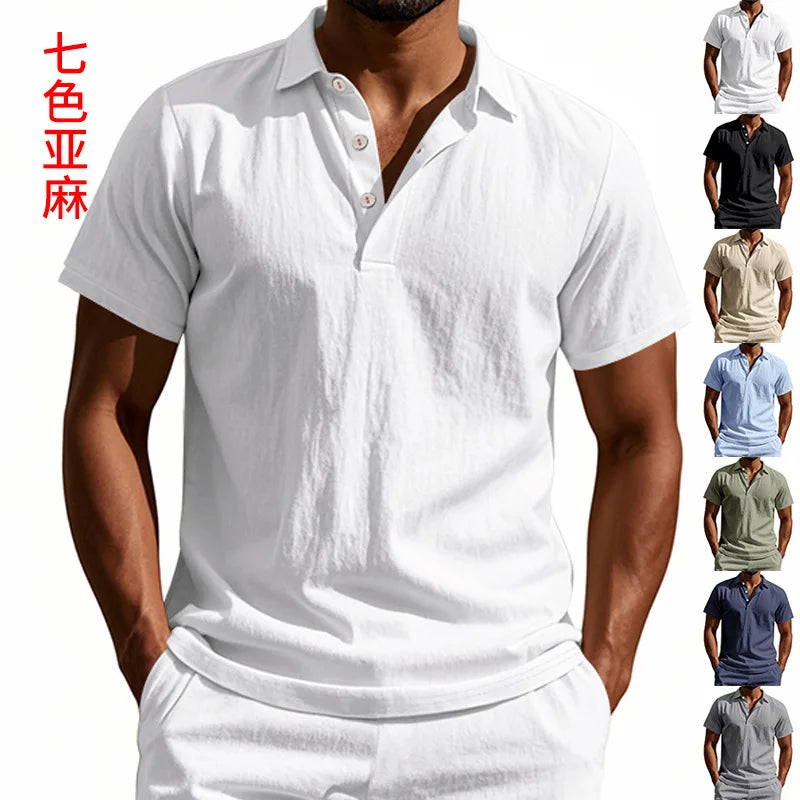 2025 verão nova camisa masculina estilo britânico solto na moda respirável linho casual gola polo série camisa polo manga curta
