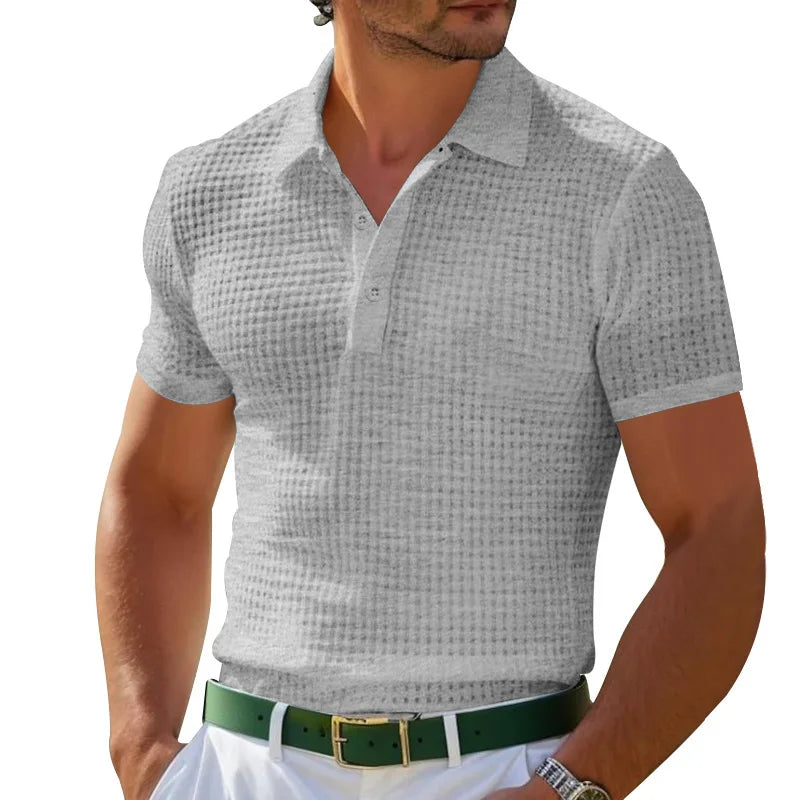 Camisa polo esportiva masculina com botão de waffle, camisa polo amazônica, verão, 2024