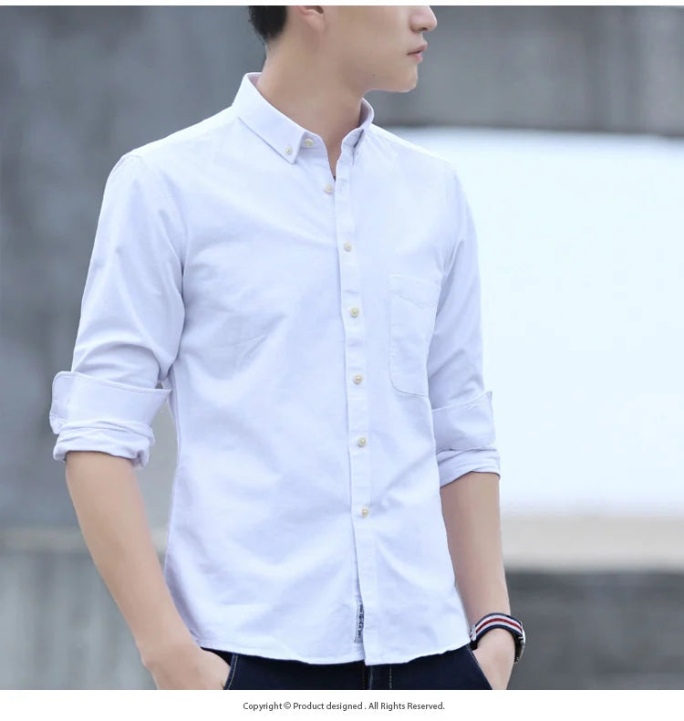 Clássico ajuste algodão completo camisas casuais para homem cor sólida manga longa camisa simples bolso único topo macio fino ajuste roupas formais