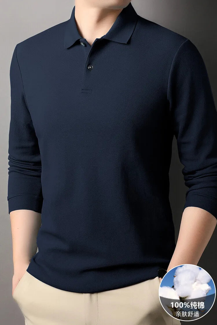 Camisa polo masculina durável 100% algodão, manga comprida de lazer de outono, camiseta com lapelas respiráveis, 16 cores, perfeita para golfe e esportes