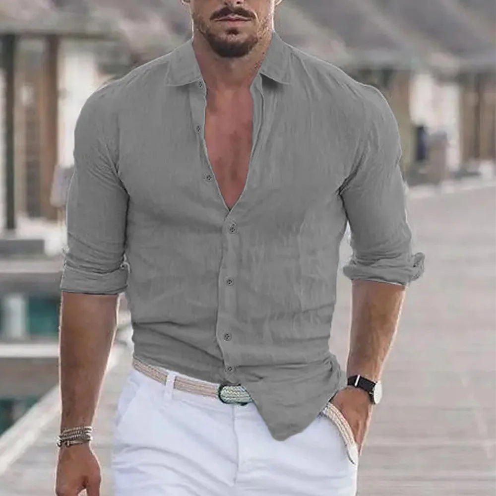 Camisa de praia de linho de algodão masculina, moda de linho, gola polo casual, sólida camisas havaianas, novo, 2024