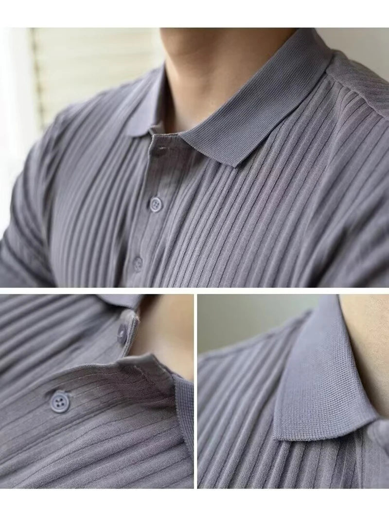 Camisa polo masculina de malha listrada vertical verão novo fino cor sólida respirável gola virada para baixo negócios manga curta polo topos
