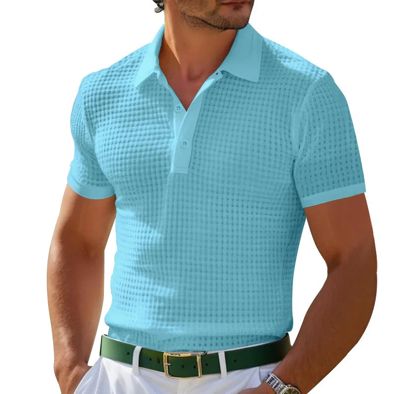 Camisa polo esportiva masculina com botão de waffle, camisa polo amazônica, verão, 2024