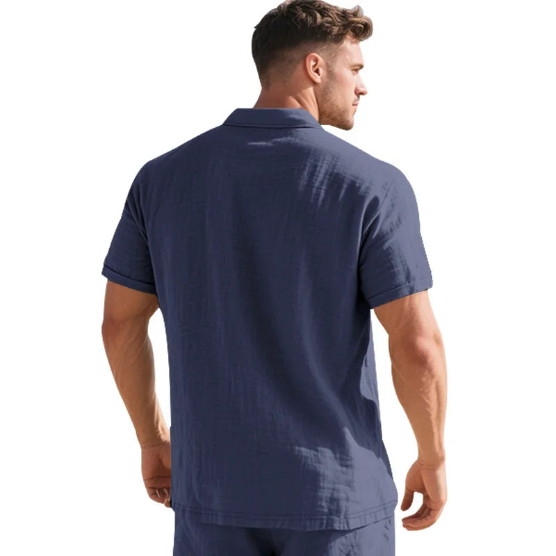 2025 verão nova camisa masculina estilo britânico solto na moda respirável linho casual gola polo série camisa polo manga curta
