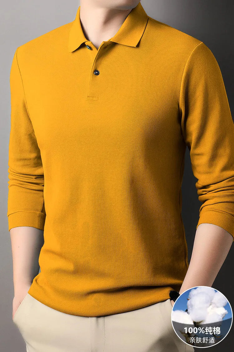 Camisa polo masculina durável 100% algodão, manga comprida de lazer de outono, camiseta com lapelas respiráveis, 16 cores, perfeita para golfe e esportes