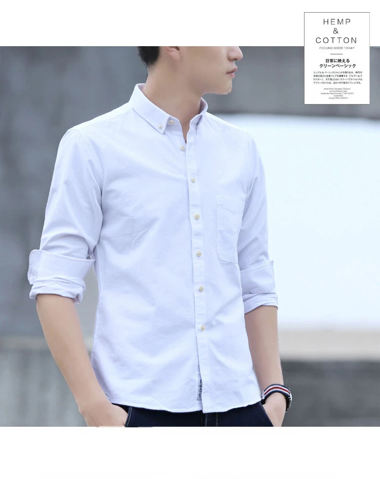 Clássico ajuste algodão completo camisas casuais para homem cor sólida manga longa camisa simples bolso único topo macio fino ajuste roupas formais
