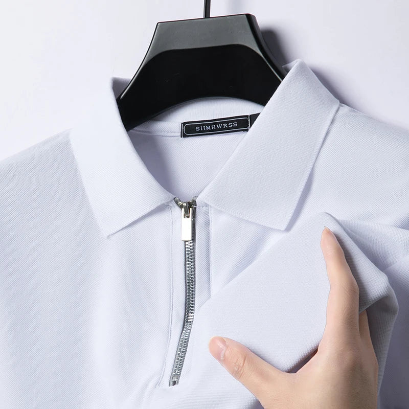 Verão novo masculino casual fino ajuste camisa polo gola flip respirável meio zíper manga curta topo cor sólida confortável camiseta
