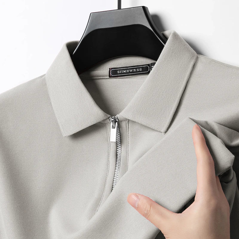 Verão novo masculino casual fino ajuste camisa polo gola flip respirável meio zíper manga curta topo cor sólida confortável camiseta