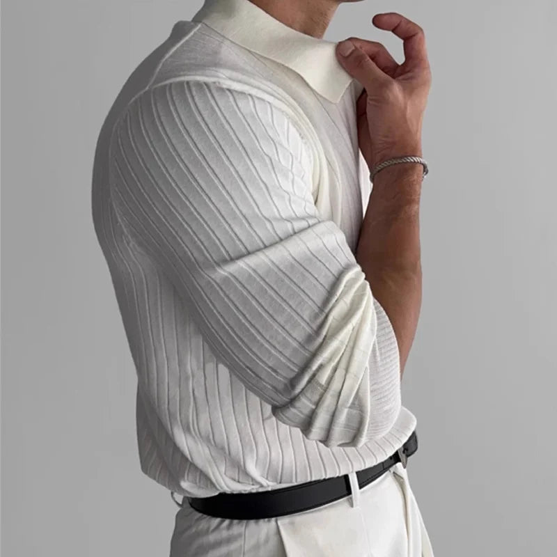 Moda masculina de luxo com decote em v malha jacquard polo camisa cor sólida manga comprida coreano popular lazer malhas 2025 novo outono