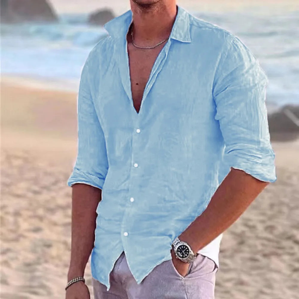Camisa de praia de linho de algodão masculina, moda de linho, gola polo casual, sólida camisas havaianas, novo, 2024