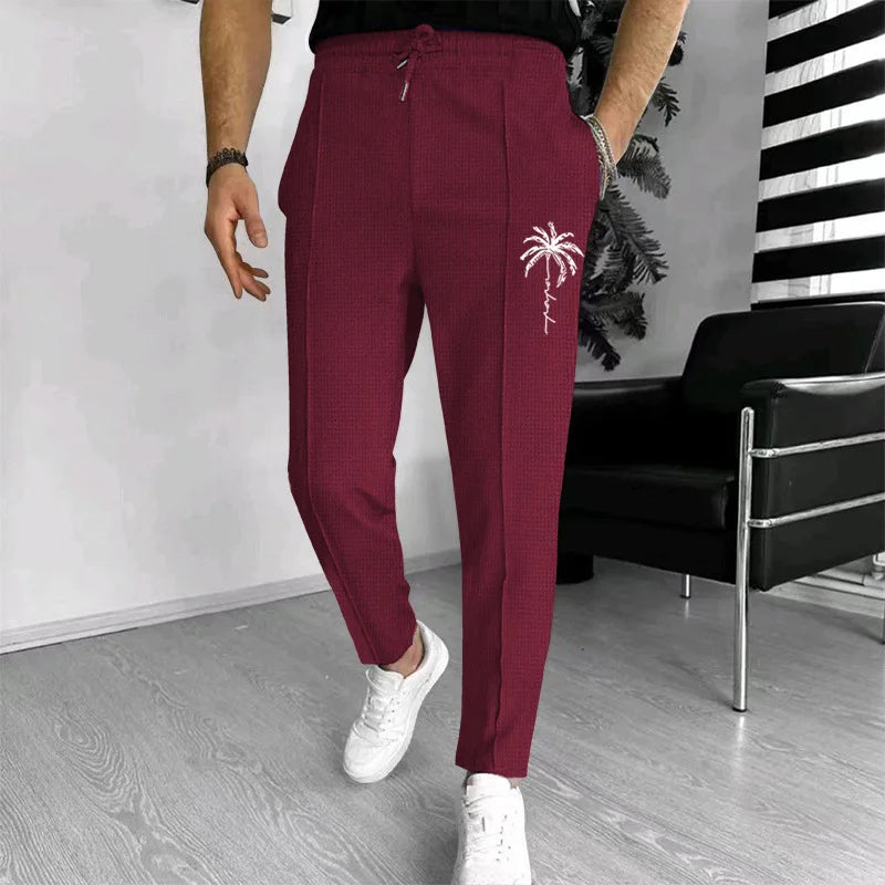 Calça waffle masculina elegante – Calça esportiva casual slim fit com cordão ajustável e bolsos seguros para todas as estações – perfeita ao ar livre