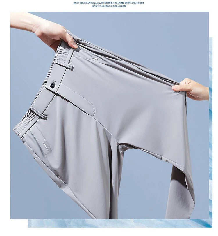 Calças casuais masculinas elásticas ultrafinas verão de secagem rápida seda gelo magro em linha reta negócios cor sólida preto cinza