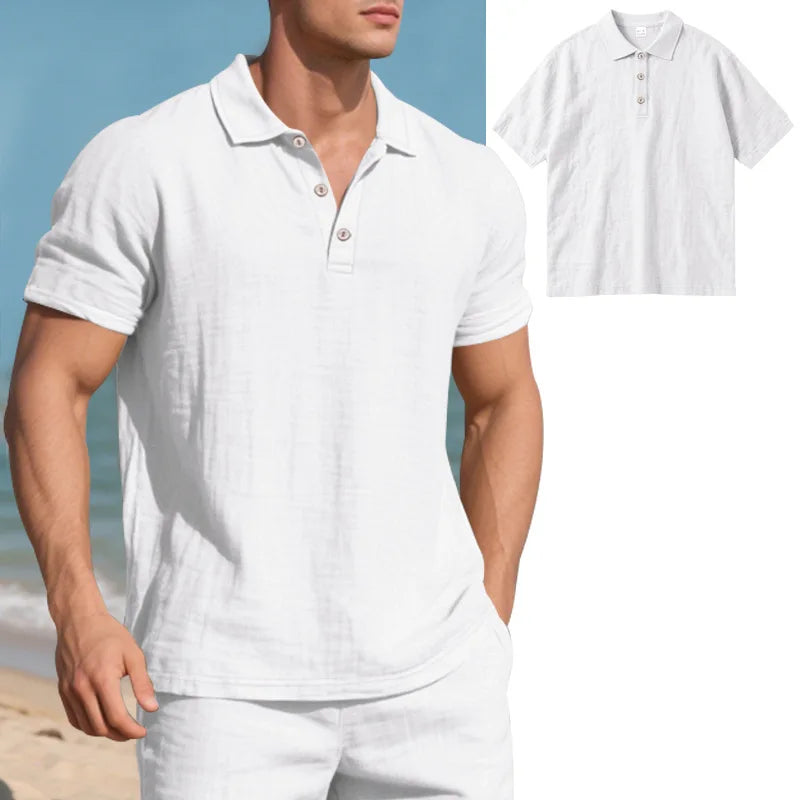 2025 verão nova camisa masculina estilo britânico solto na moda respirável linho casual gola polo série camisa polo manga curta