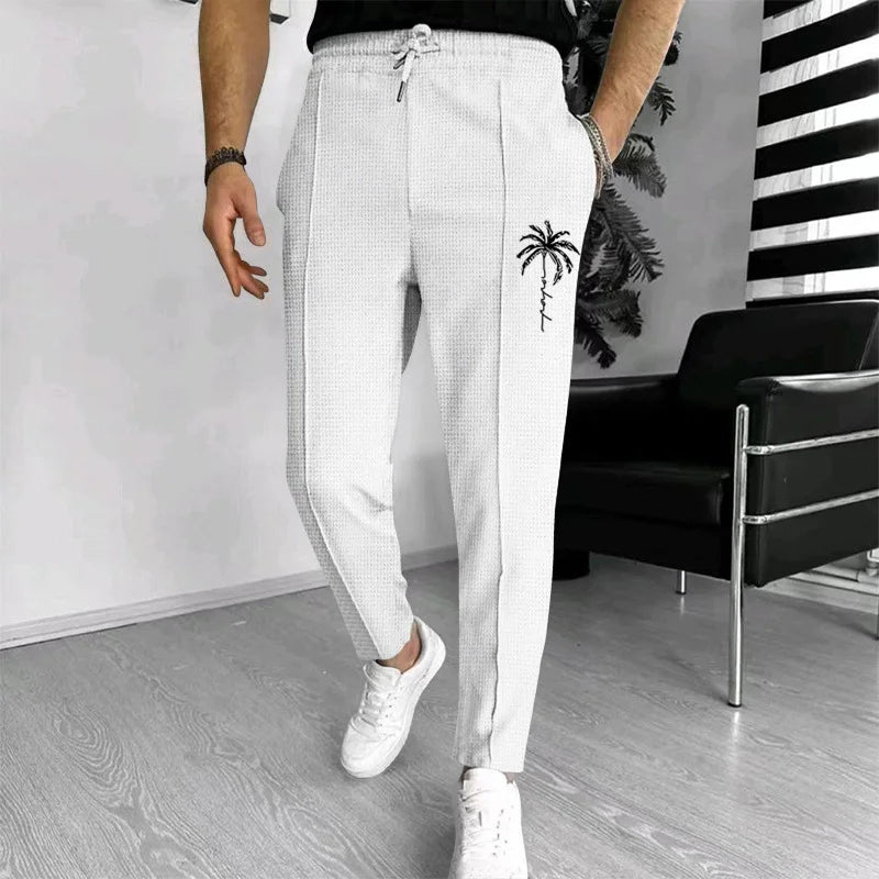 Calça waffle masculina elegante – Calça esportiva casual slim fit com cordão ajustável e bolsos seguros para todas as estações – perfeita ao ar livre